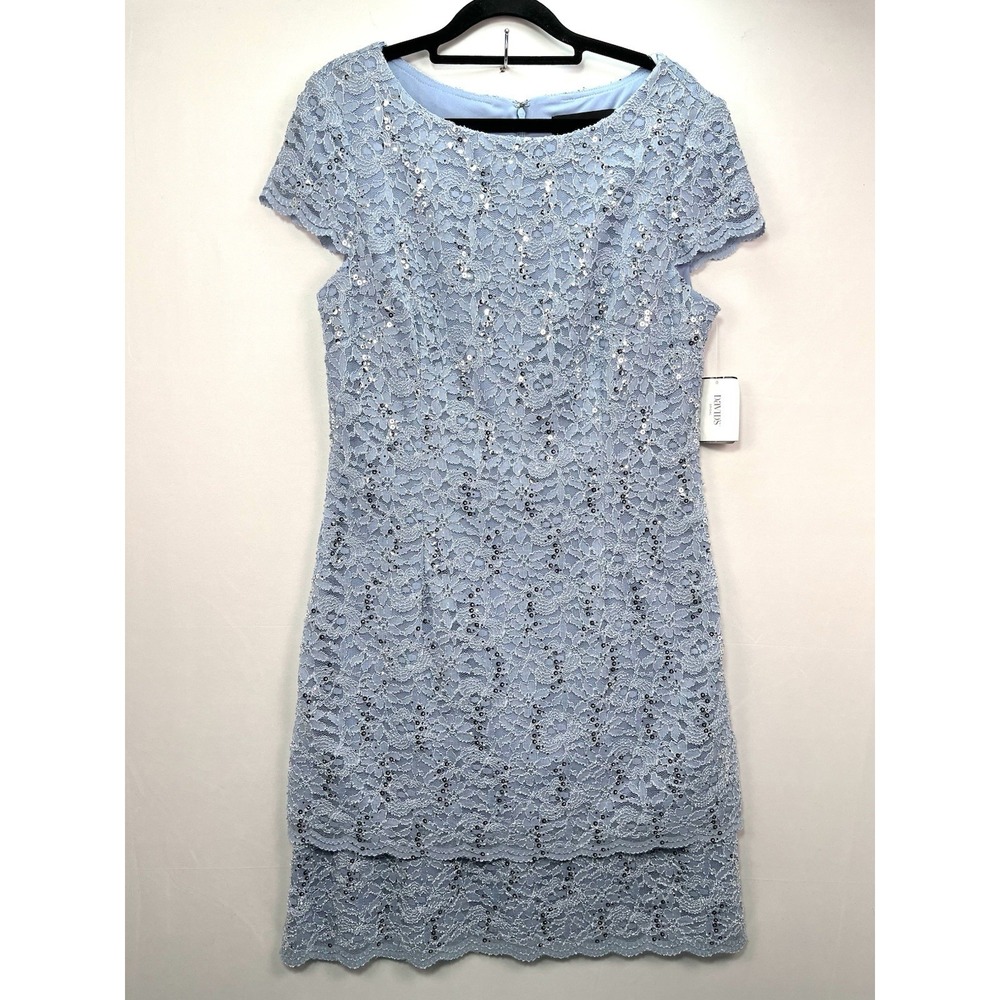 NWT Alex Evenings Blue Lace Sequin Sheath Dress Sz 14 Wedding Cocktail Spring